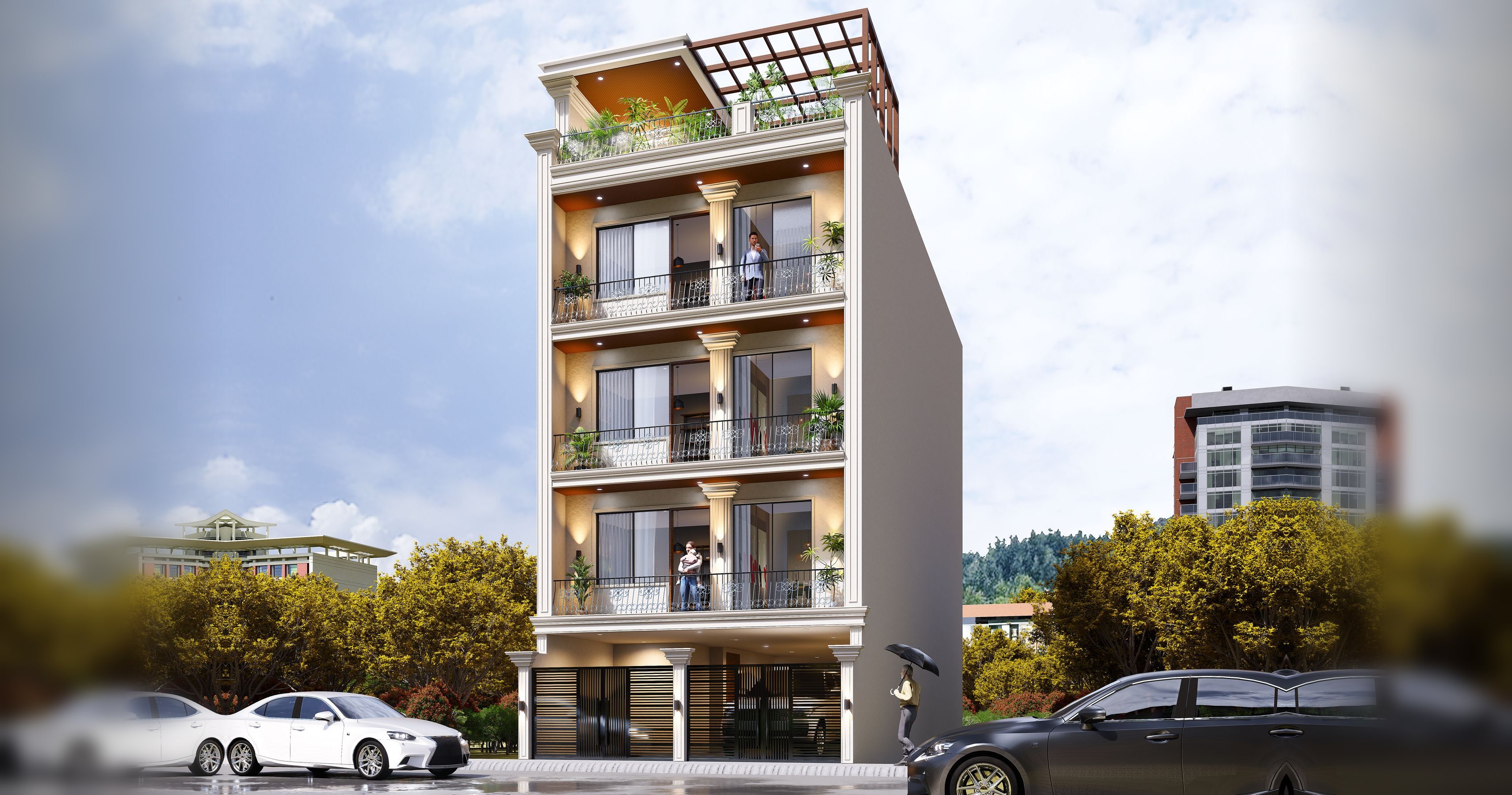 Four-storey residence with classical columns and planted balconies